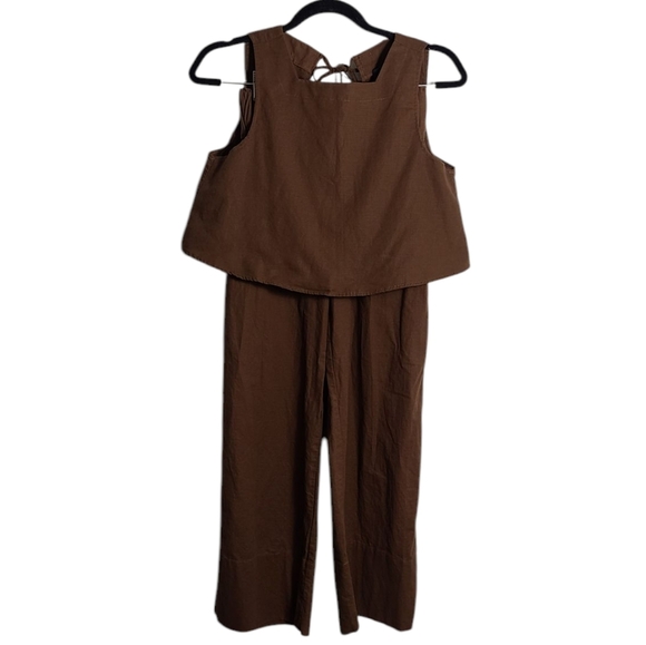 KOURT Cotton Flax 2 piece Set Brown Tie Back Top Elastic Waist Pant Size XSmall - Picture 1 of 16